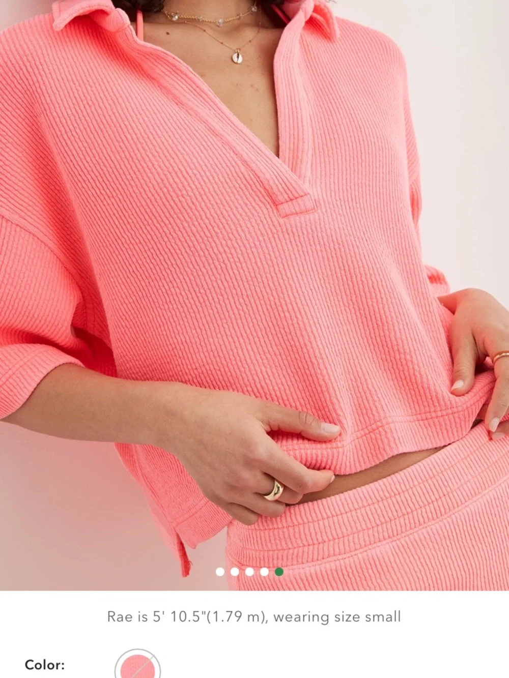 Aerie Wonder Short Sleeve Ribbed Polo Sweatshirt  - Pink